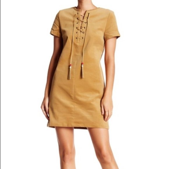 ✨ NWT Camel Corduroy Lace Up Tassel Dress - Picture 1 of 11
